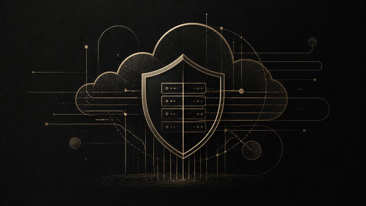 Illustration dorée d'un bouclier protégeant une infrastructure cloud