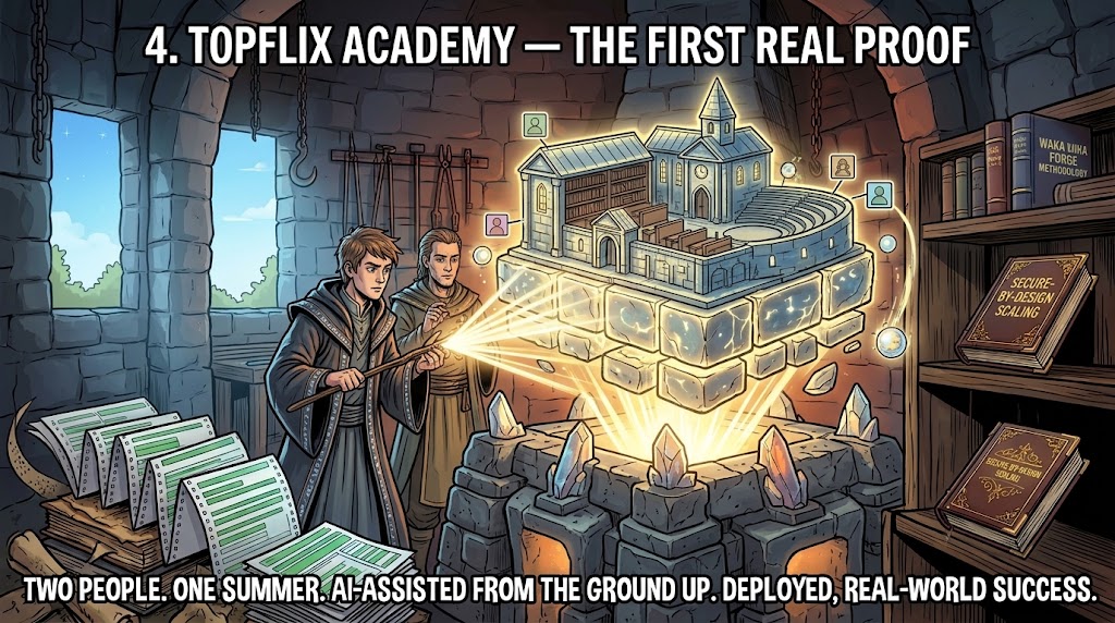 Dos constructores levantan un castillo-academia brillante a partir de bloques de piedra y cristal — TopFlix Academy reconstruida en la forja