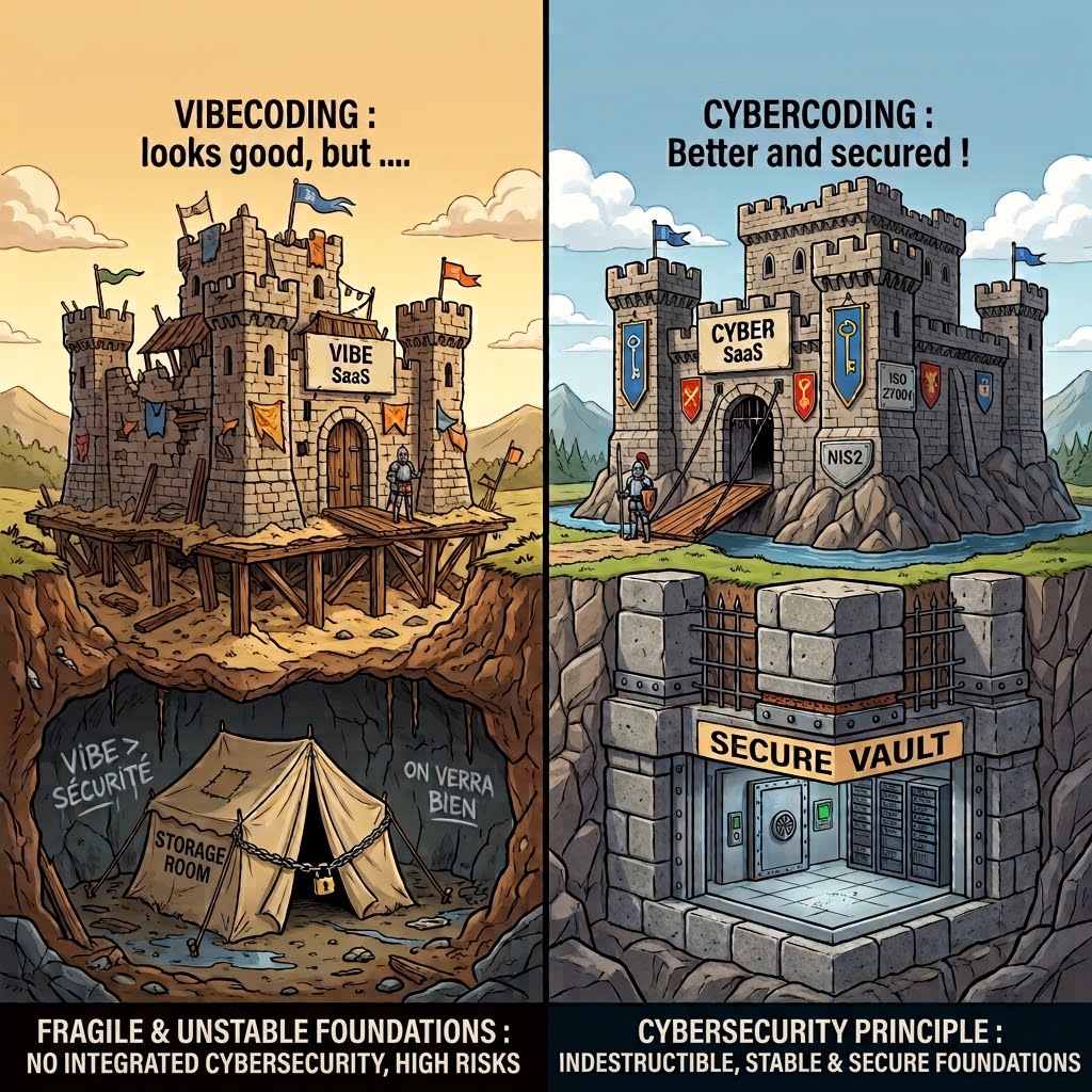 Dos castillos lado a lado: un frágil SaaS vibecoded sobre arena frente a una fortaleza cybercoded fortificada sobre roca