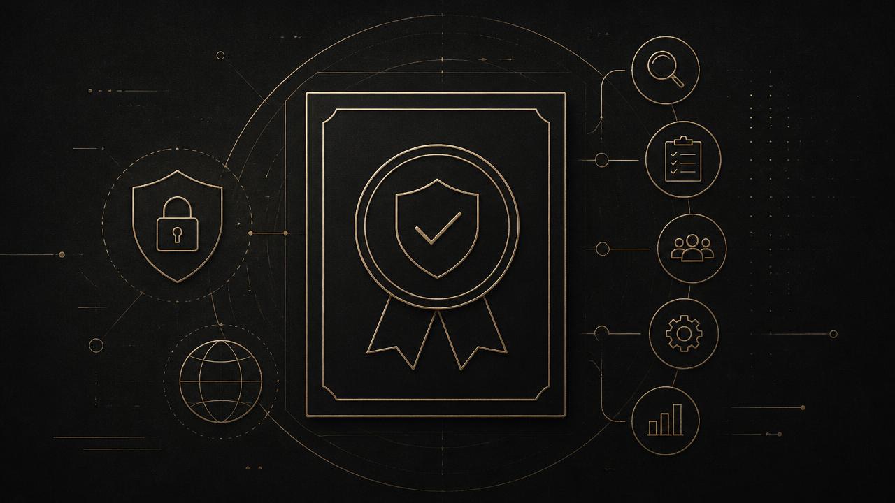 Illustration dorée d'un certificat ISO 27001 et de ses étapes d'audit