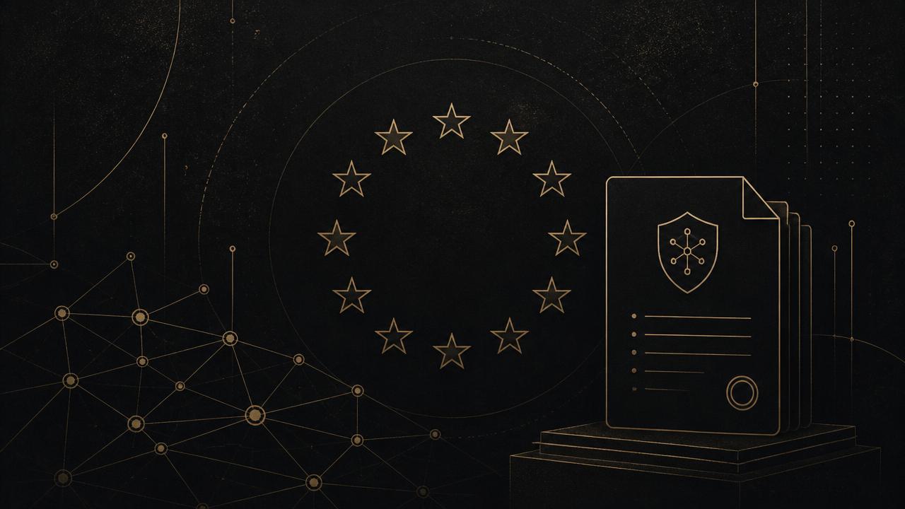 Illustration dorée de la directive européenne NIS2 et d'un réseau de nœuds