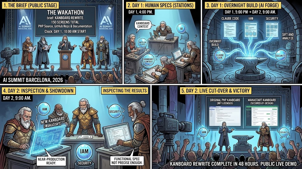 Cinco viñetas del Wakathon: el brief público, las especificaciones del día 1, la construcción nocturna, la inspección del día 2 y la demo de victoria en directo