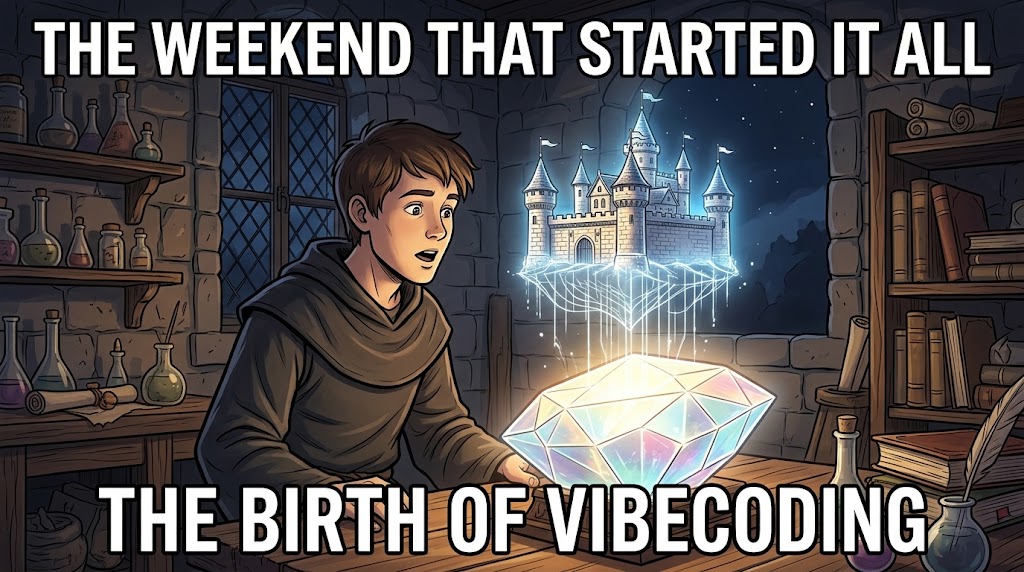 Un joven desarrollador en un taller iluminado por velas observa cómo un castillo holográfico surge de un cristal brillante — el nacimiento del vibecoding