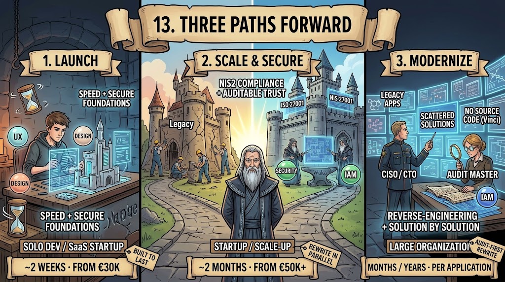 Tres caminos ilustrados — un joven constructor que lanza, un castillo de scale-up fortificado y auditores que modernizan el legado: lanzar, escalar con seguridad, modernizar