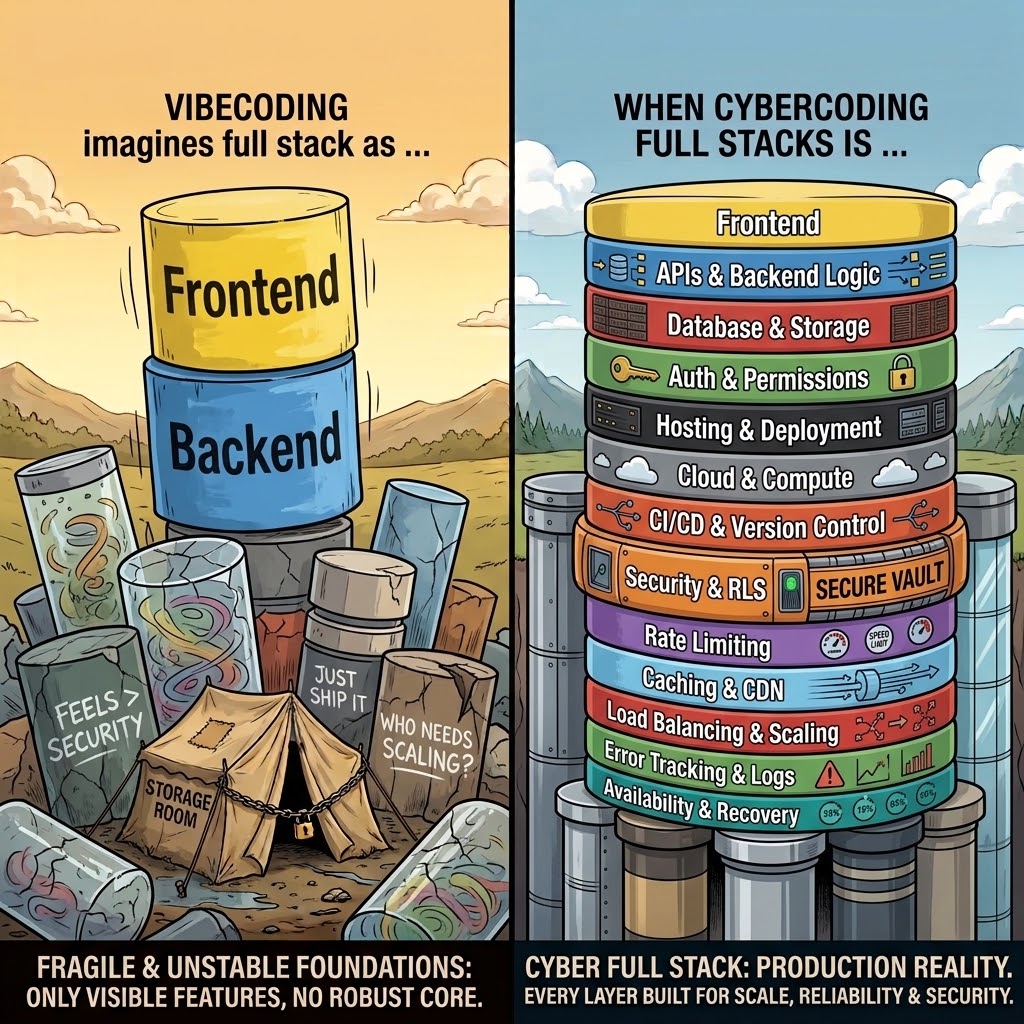 La pila frágil del vibecoding, solo con front-end, formada por escombros, frente a la pila completa del cybercoding, con cada capa construida para escalar, ser fiable y segura